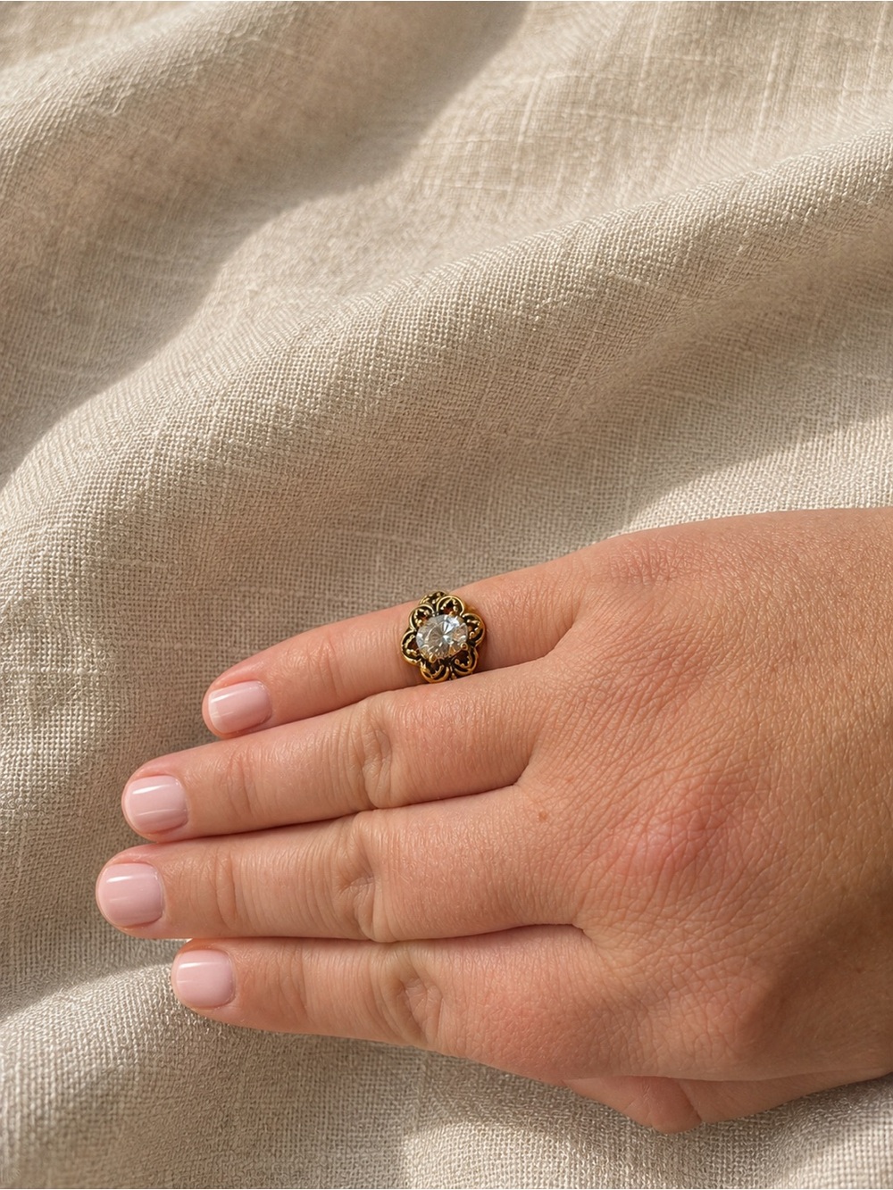Antique Victorian 14K GE ESPO Gold Ring Oval Stone Floral Size 5.5